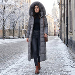 Women's Long Puffer Coat Quilted Faux Fur Hood Belted Waist