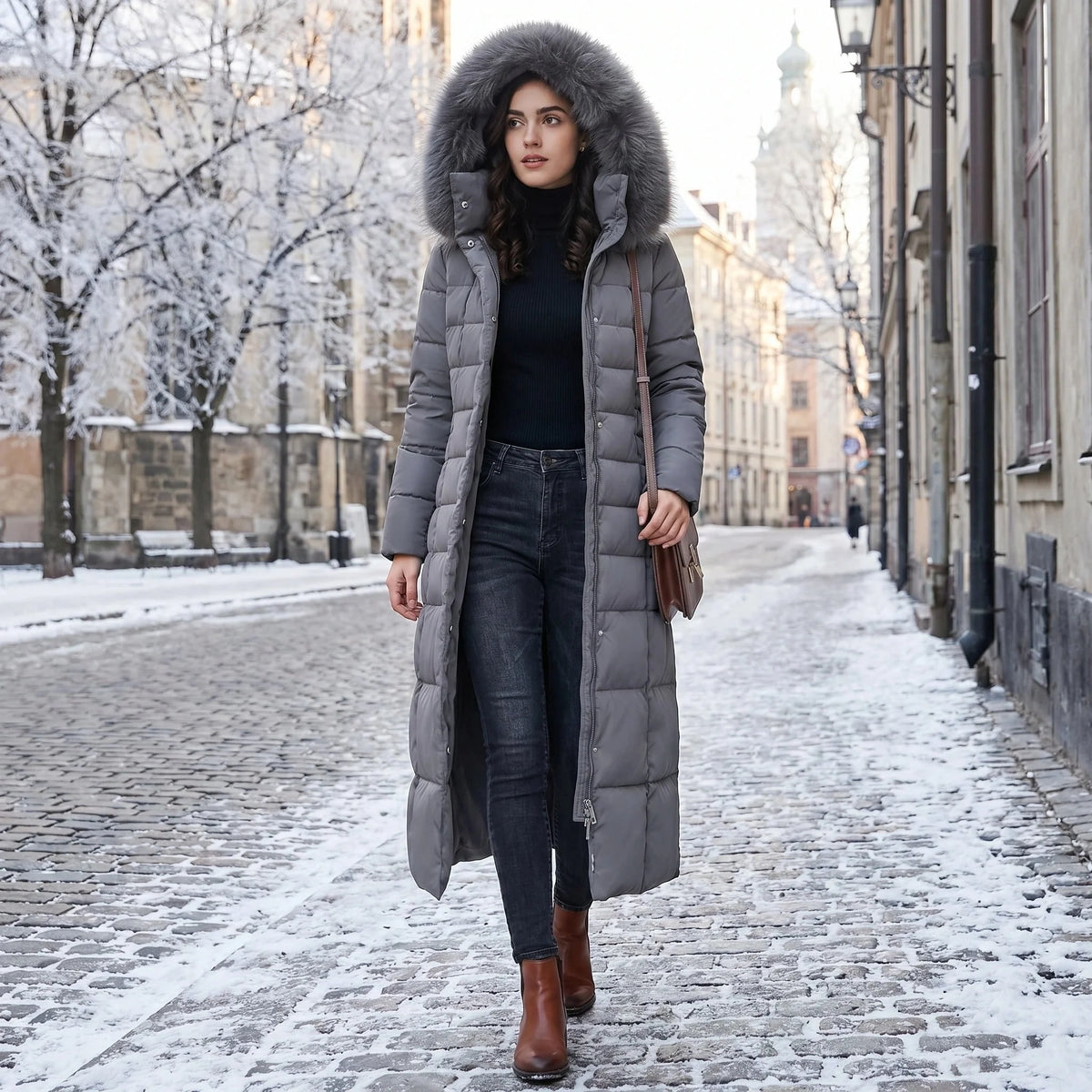 Women's Long Puffer Coat Quilted Faux Fur Hood Belted Waist