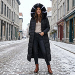 Women's Long Puffer Coat Quilted Faux Fur Hood Belted Waist
