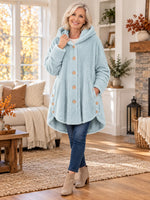 Women's Plush Coat Hooded High-Low Button Front