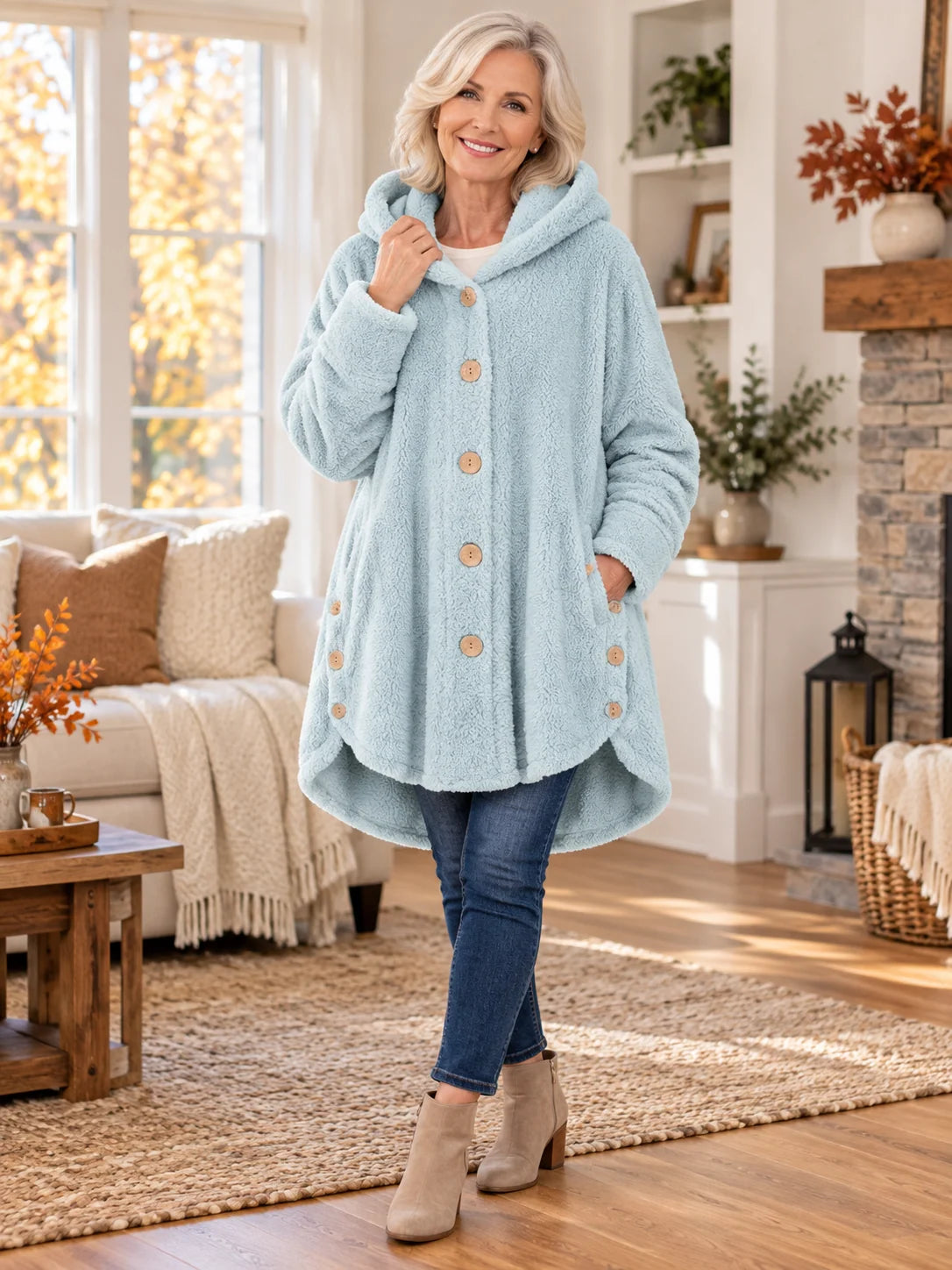 Women's Plush Coat Hooded High-Low Button Front