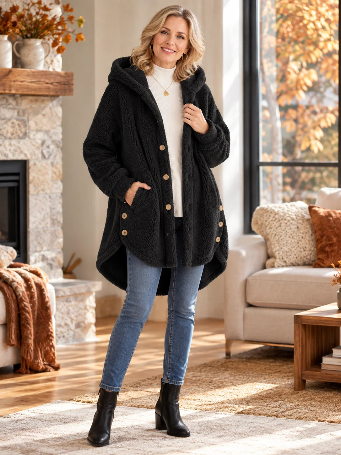 Women's Plush Coat Hooded High-Low Button Front