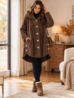 Women's Plush Coat Hooded High-Low Button Front