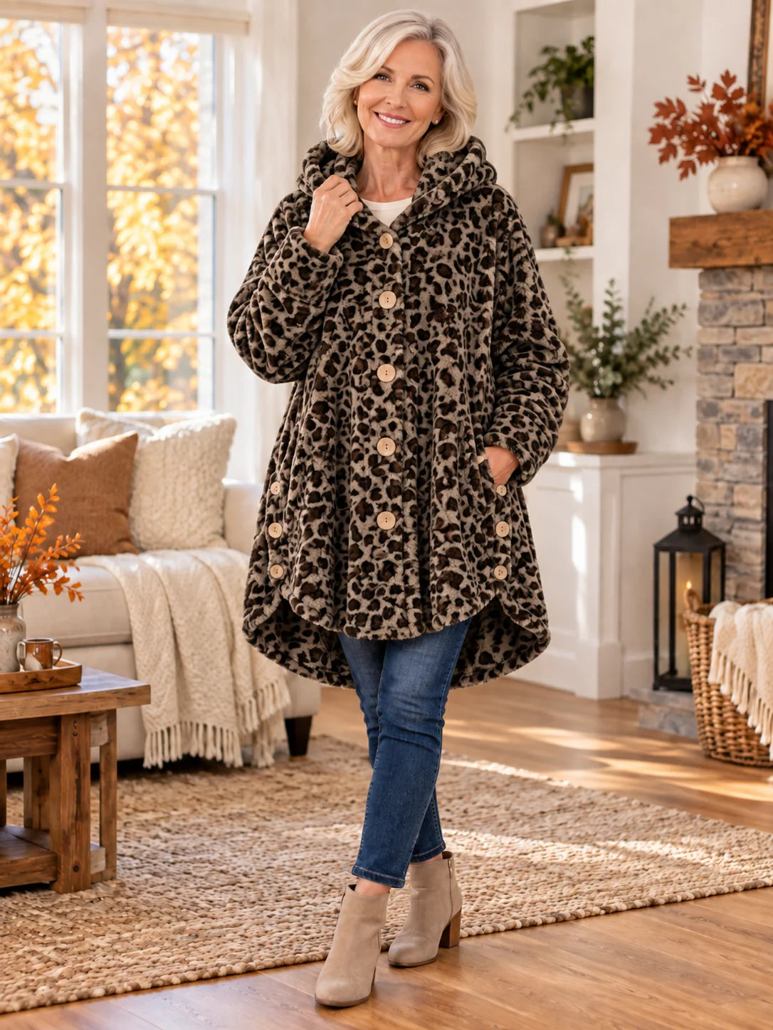 Women's Plush Coat Hooded High-Low Button Front