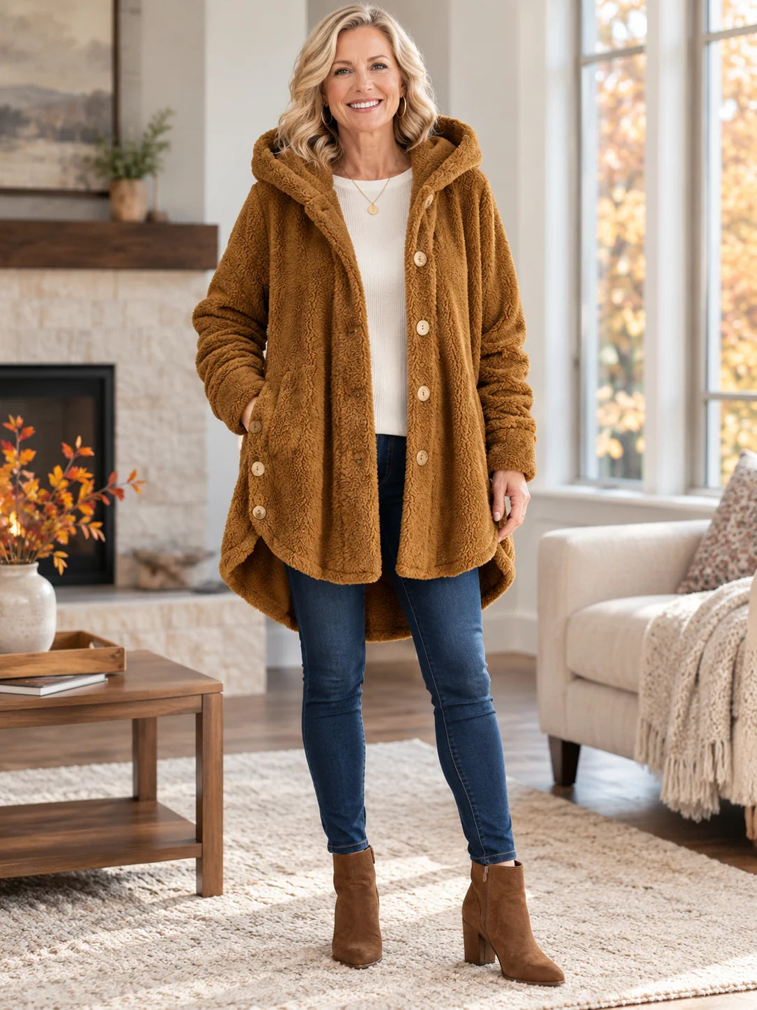 Women's Plush Coat Hooded High-Low Button Front