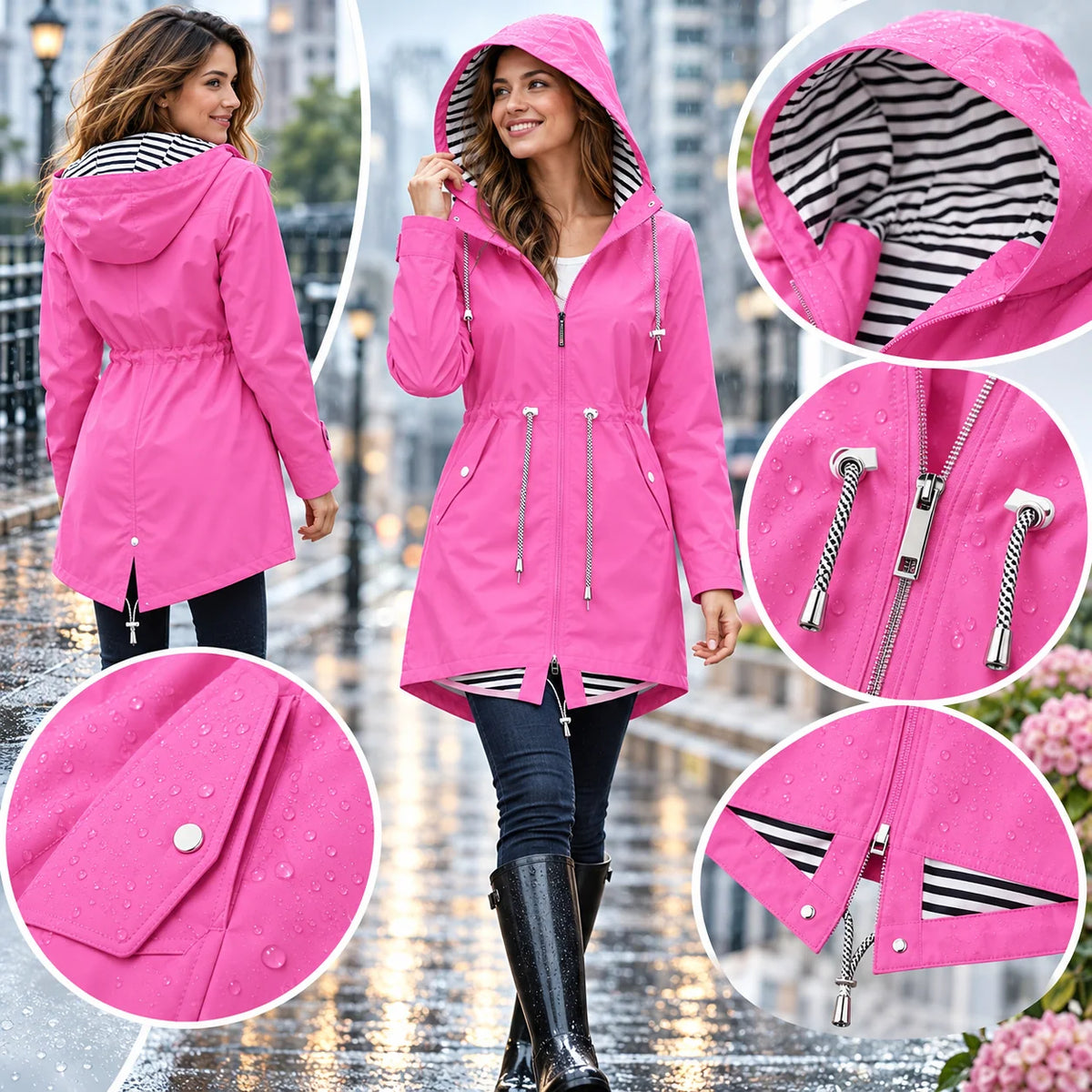 Women's Rain Jacket Waterproof Longline Adjustable Hood