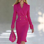 Women's Suit Set Double-Breasted Blazer Midi Pencil Skirt