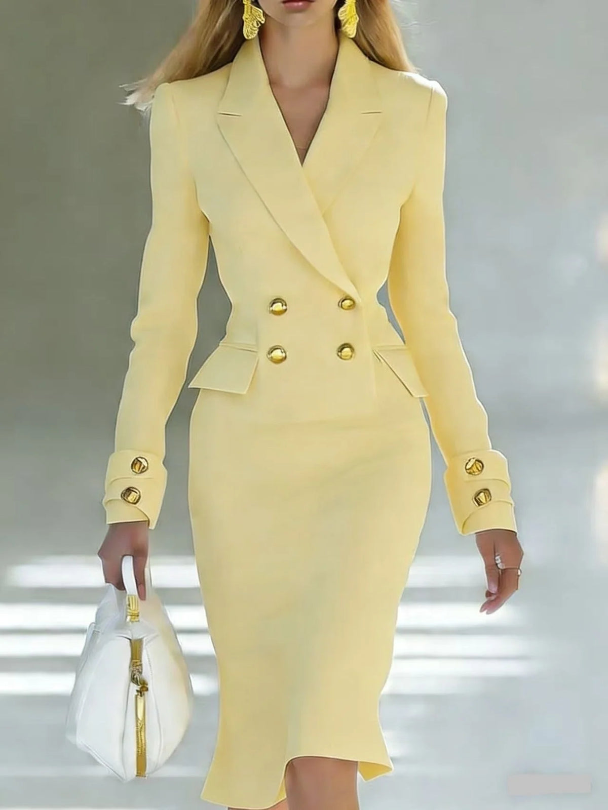 Women's Suit Set Double-Breasted Blazer Midi Pencil Skirt
