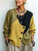 Women's Sweater Color-Block Knit Asymmetrical Buttons Relaxed Fit