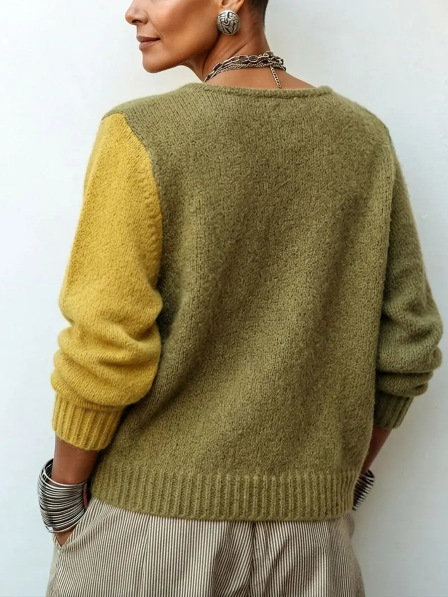 Women's Sweater Color-Block Knit Asymmetrical Buttons Relaxed Fit
