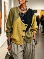 Women's Sweater Color-Block Knit Asymmetrical Buttons Relaxed Fit