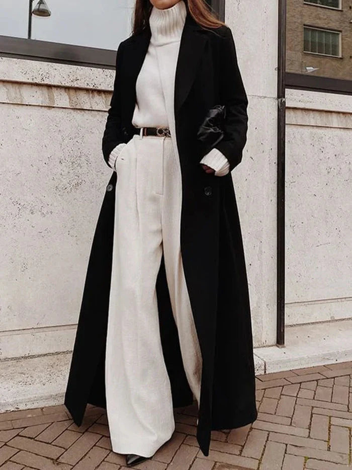 Women's Wool Blend Coat Long Double-Breasted Deep Pockets