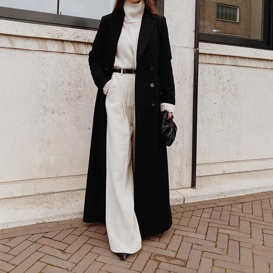 Women's Wool Blend Coat Long Double-Breasted Deep Pockets