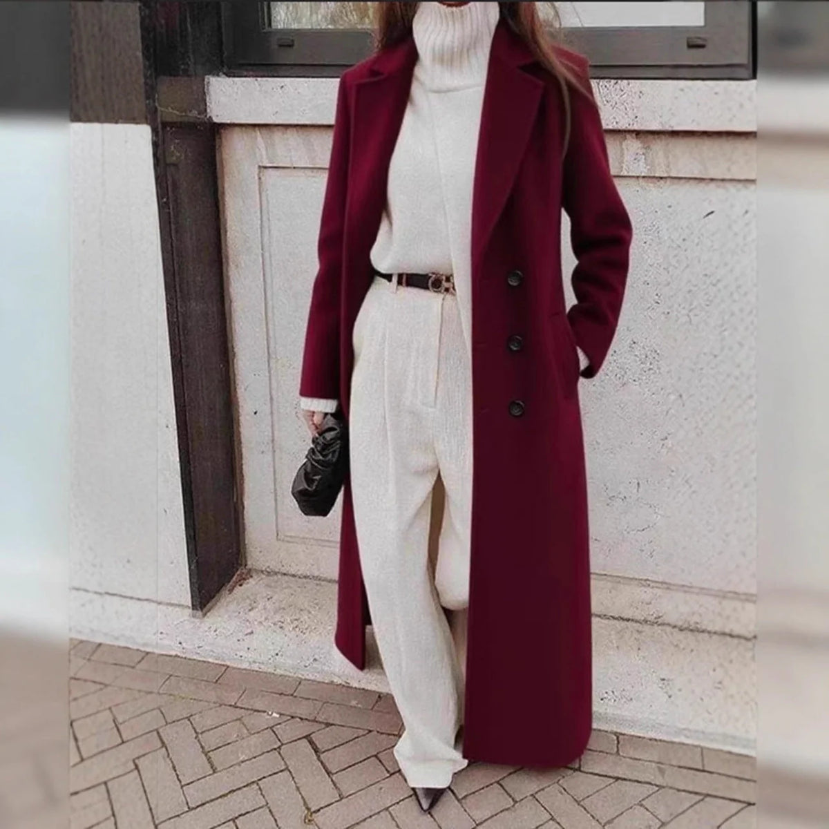 Women's Wool Blend Coat Long Double-Breasted Deep Pockets