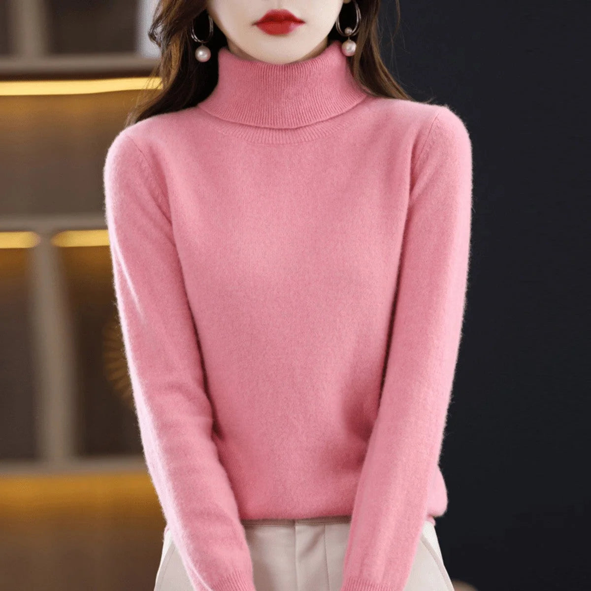 Women's Wool Jumper Lightweight Roll Neck Fitted Knit