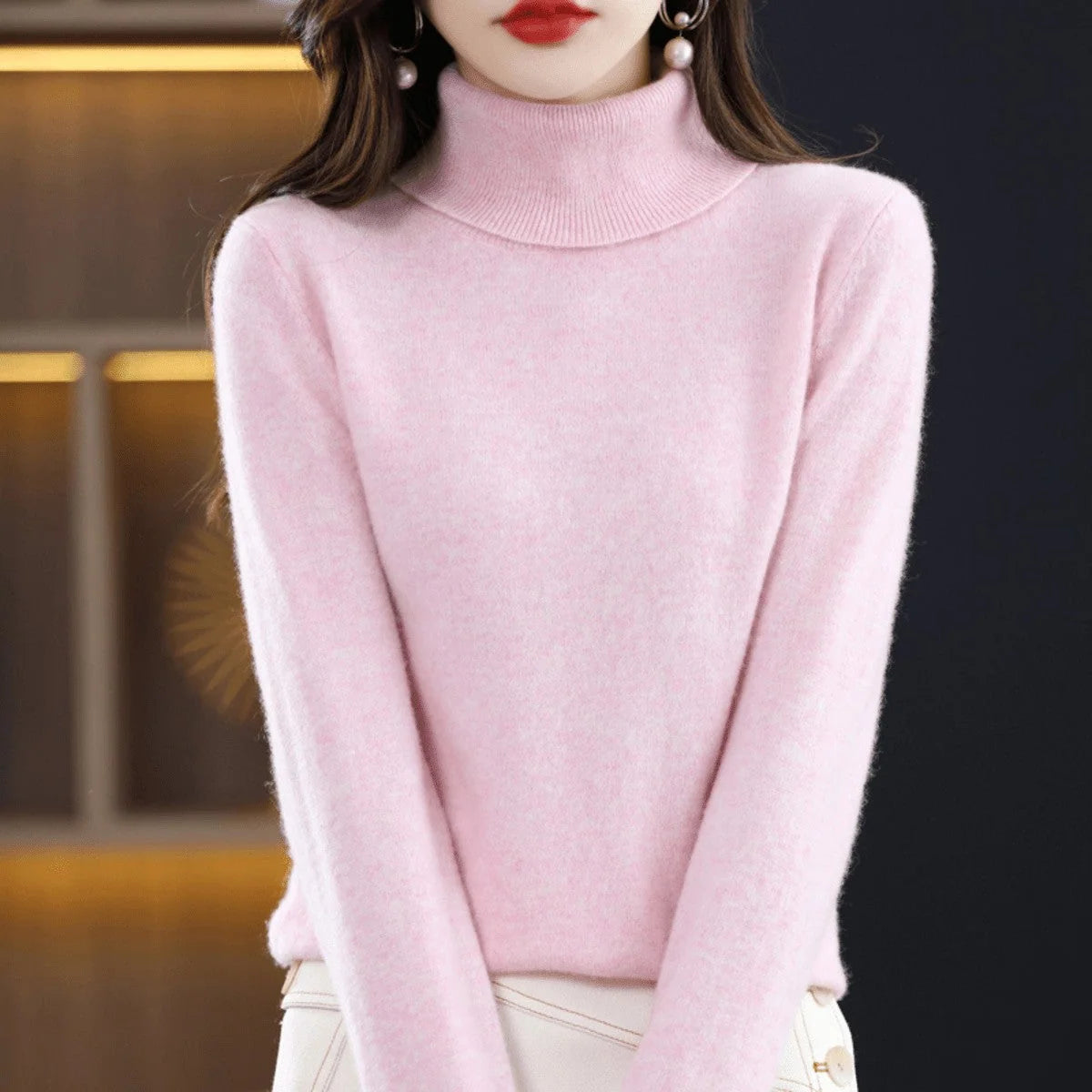 Women's Wool Jumper Lightweight Roll Neck Fitted Knit