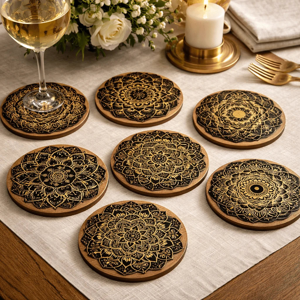 Wooden Coaster Mandala Design Heat-Resistant Non-Slip