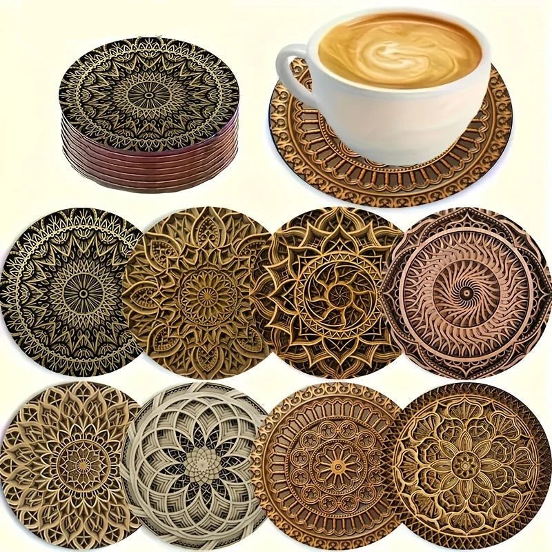 Wooden Coaster Mandala Design Heat-Resistant Non-Slip