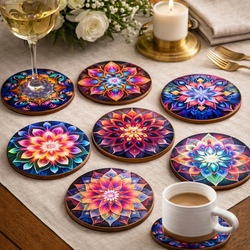 Wooden Coaster Mandala Design Heat-Resistant Non-Slip