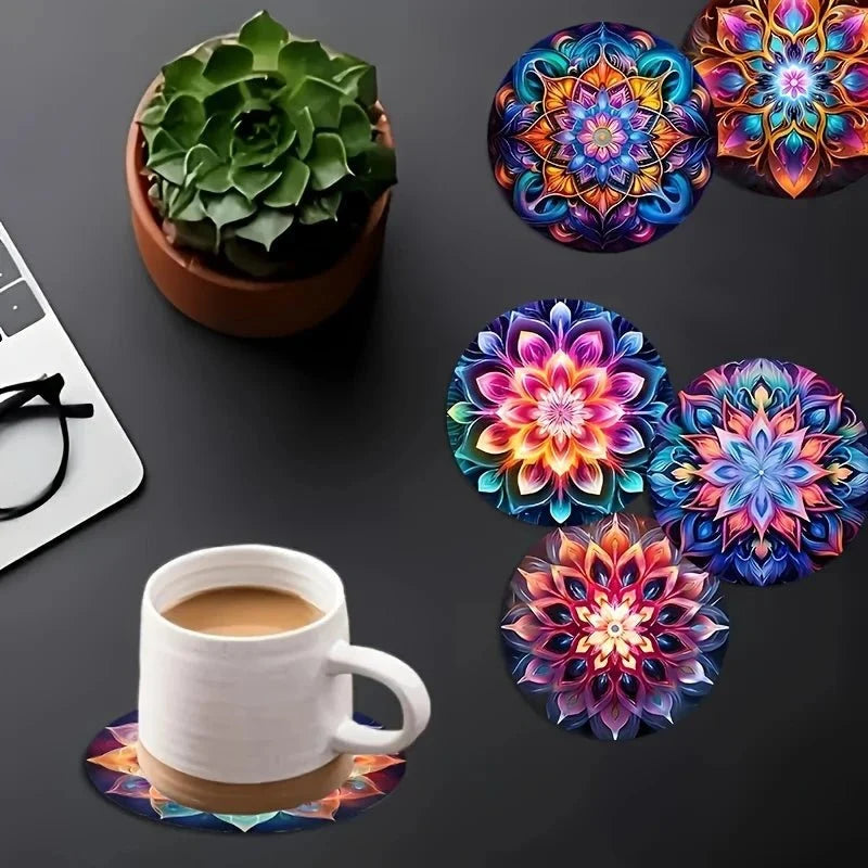 Wooden Coaster Mandala Design Heat-Resistant Non-Slip