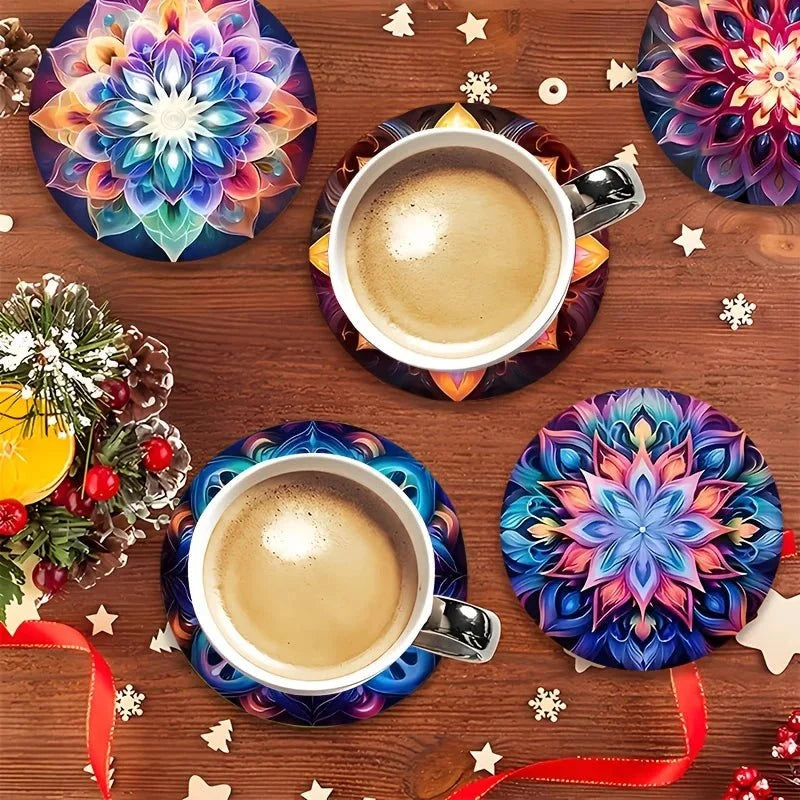 Wooden Coaster Mandala Design Heat-Resistant Non-Slip