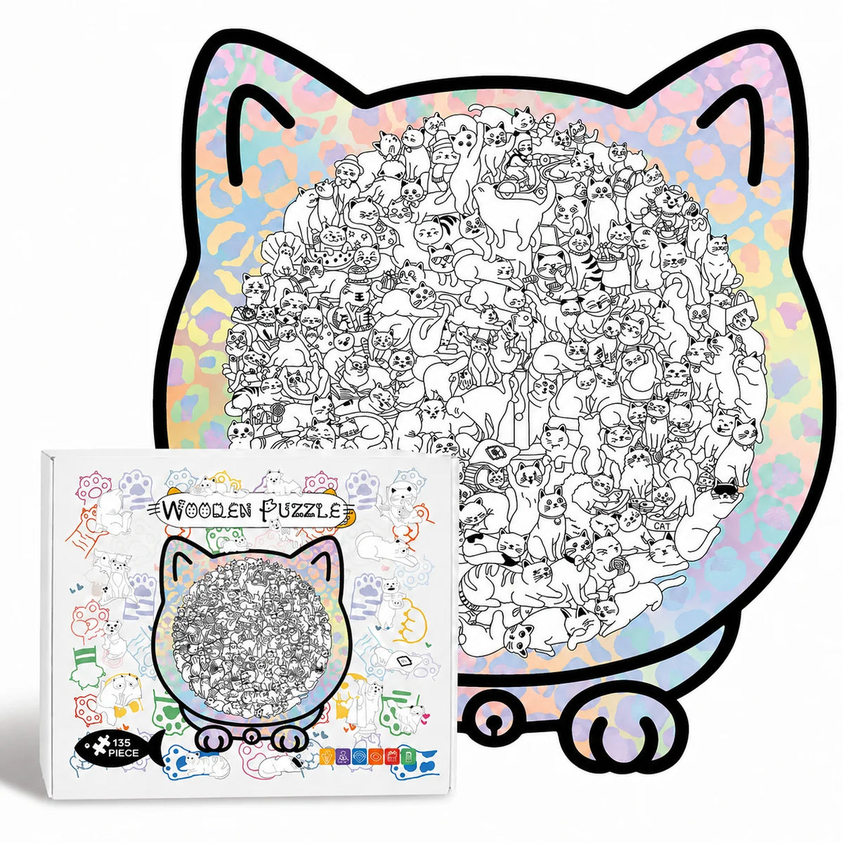 Wooden Jigsaw Puzzle Cat-Shaped 1008 Pieces Display Frame
