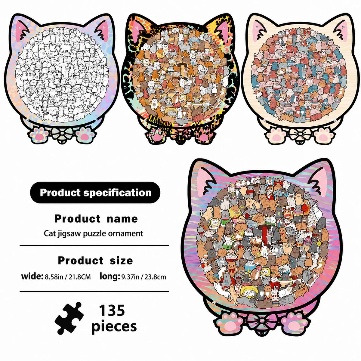 Wooden Jigsaw Puzzle Cat-Shaped 1008 Pieces Display Frame