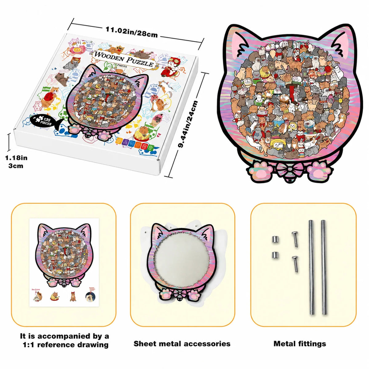Wooden Jigsaw Puzzle Cat-Shaped 1008 Pieces Display Frame