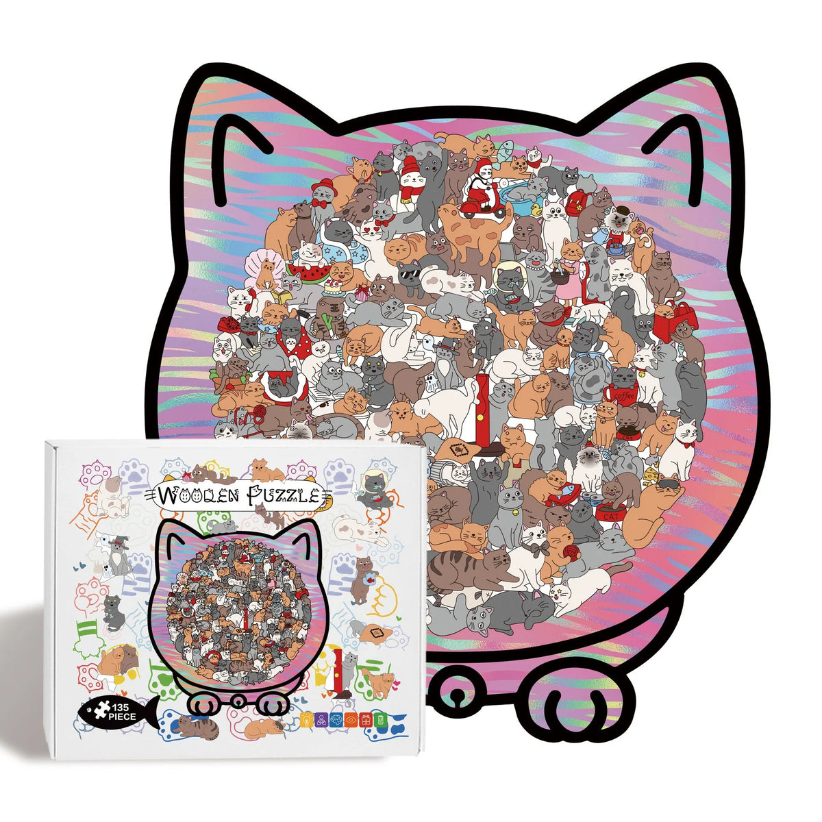 Wooden Jigsaw Puzzle Cat-Shaped 1008 Pieces Display Frame