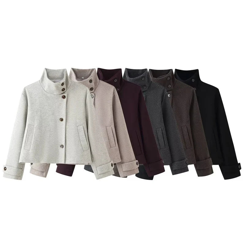Wool Blend Jacket Cropped Boxy Fit Stand-Up Collar