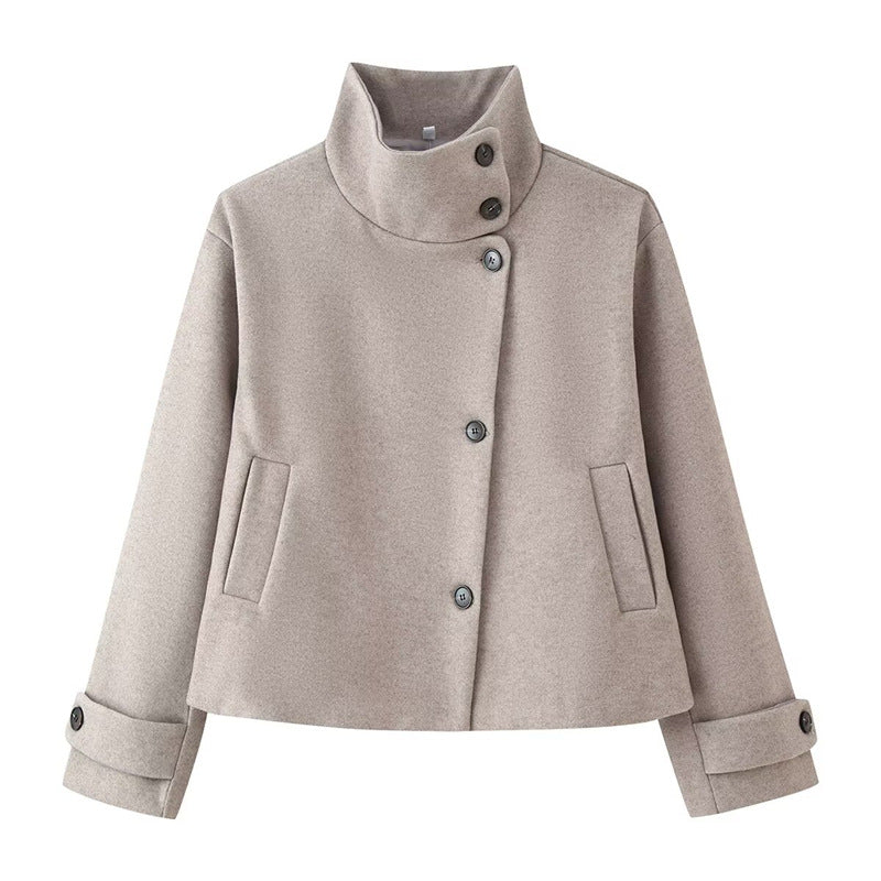 Wool Blend Jacket Cropped Boxy Fit Stand-Up Collar