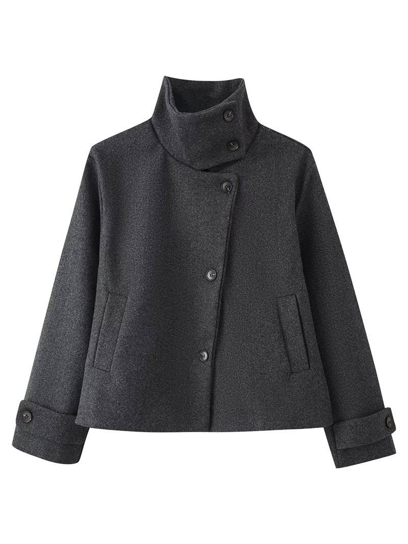 Wool Blend Jacket Cropped Boxy Fit Stand-Up Collar