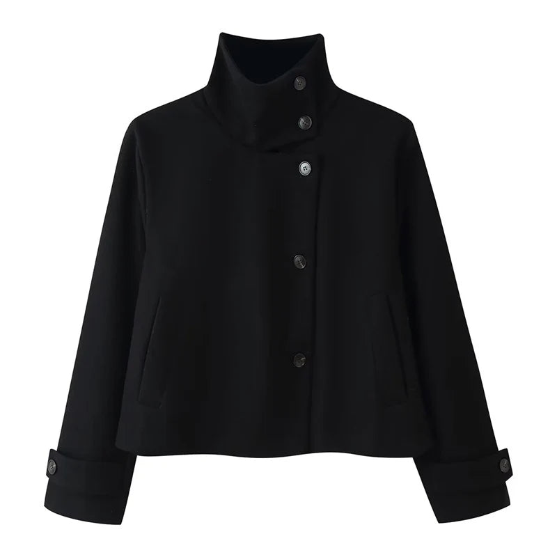Wool Blend Jacket Cropped Boxy Fit Stand-Up Collar