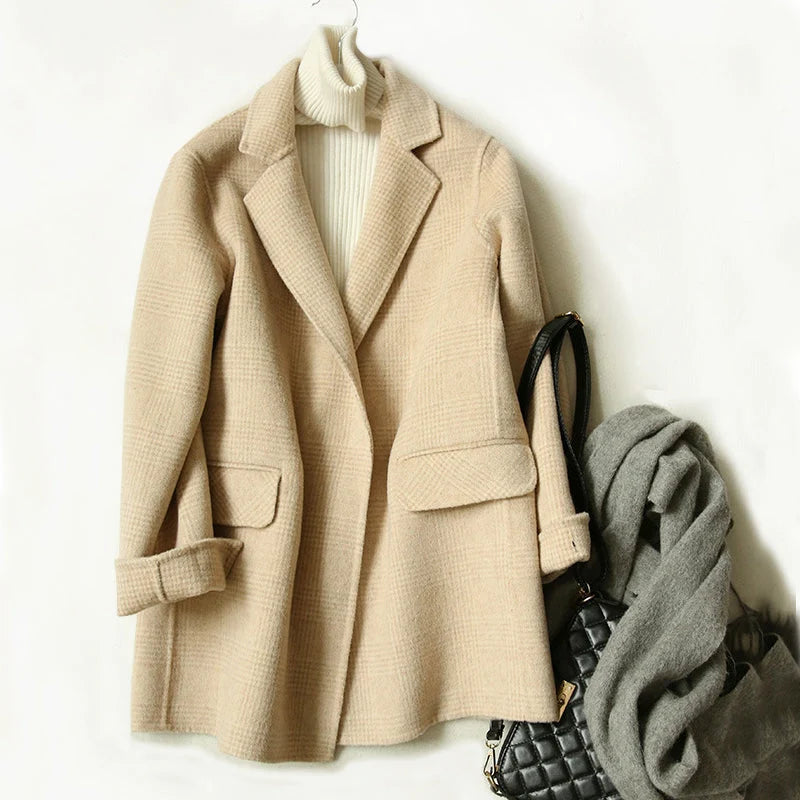 Wool Coat Checked Pattern Notched Collar Button Front