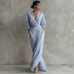 Wrap Maxi Dress Linen Blend Side Pockets Balloon Sleeves