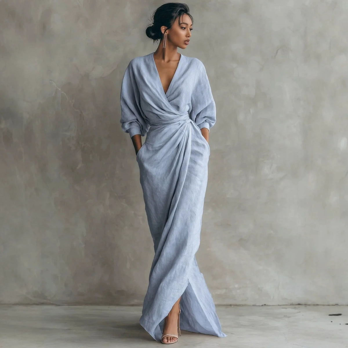 Wrap Maxi Dress Linen Blend Side Pockets Balloon Sleeves