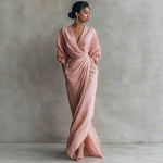 Wrap Maxi Dress Linen Blend Side Pockets Balloon Sleeves