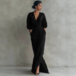Wrap Maxi Dress Linen Blend Side Pockets Balloon Sleeves