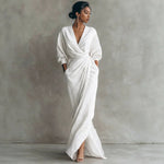 Wrap Maxi Dress Linen Blend Side Pockets Balloon Sleeves