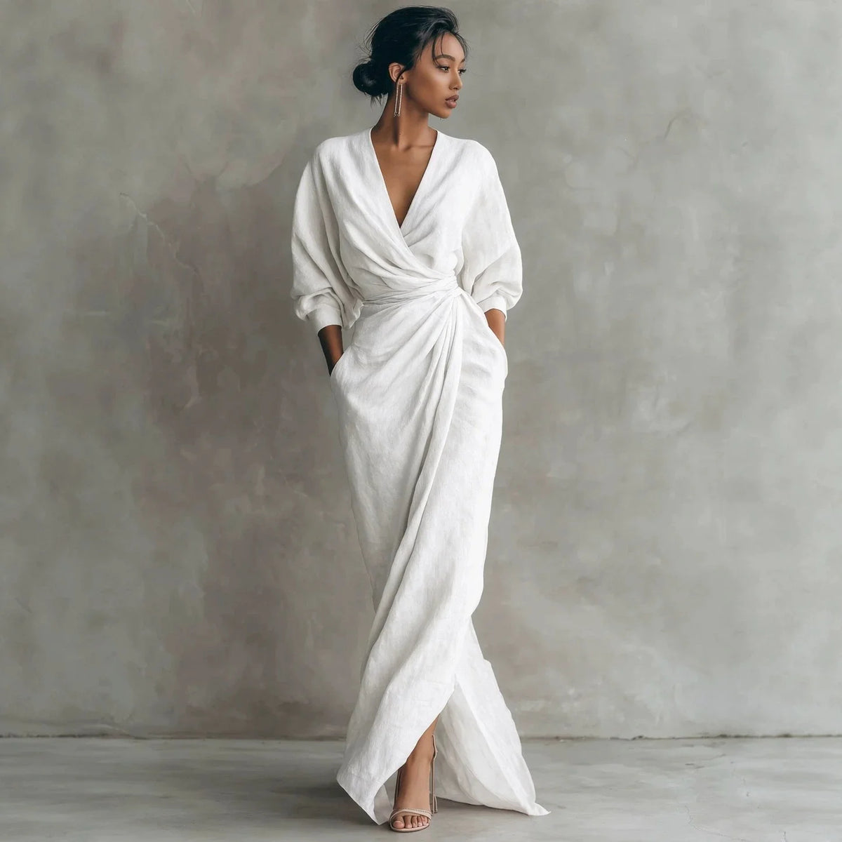 Wrap Maxi Dress Linen Blend Side Pockets Balloon Sleeves