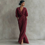 Wrap Maxi Dress Linen Blend Side Pockets Balloon Sleeves