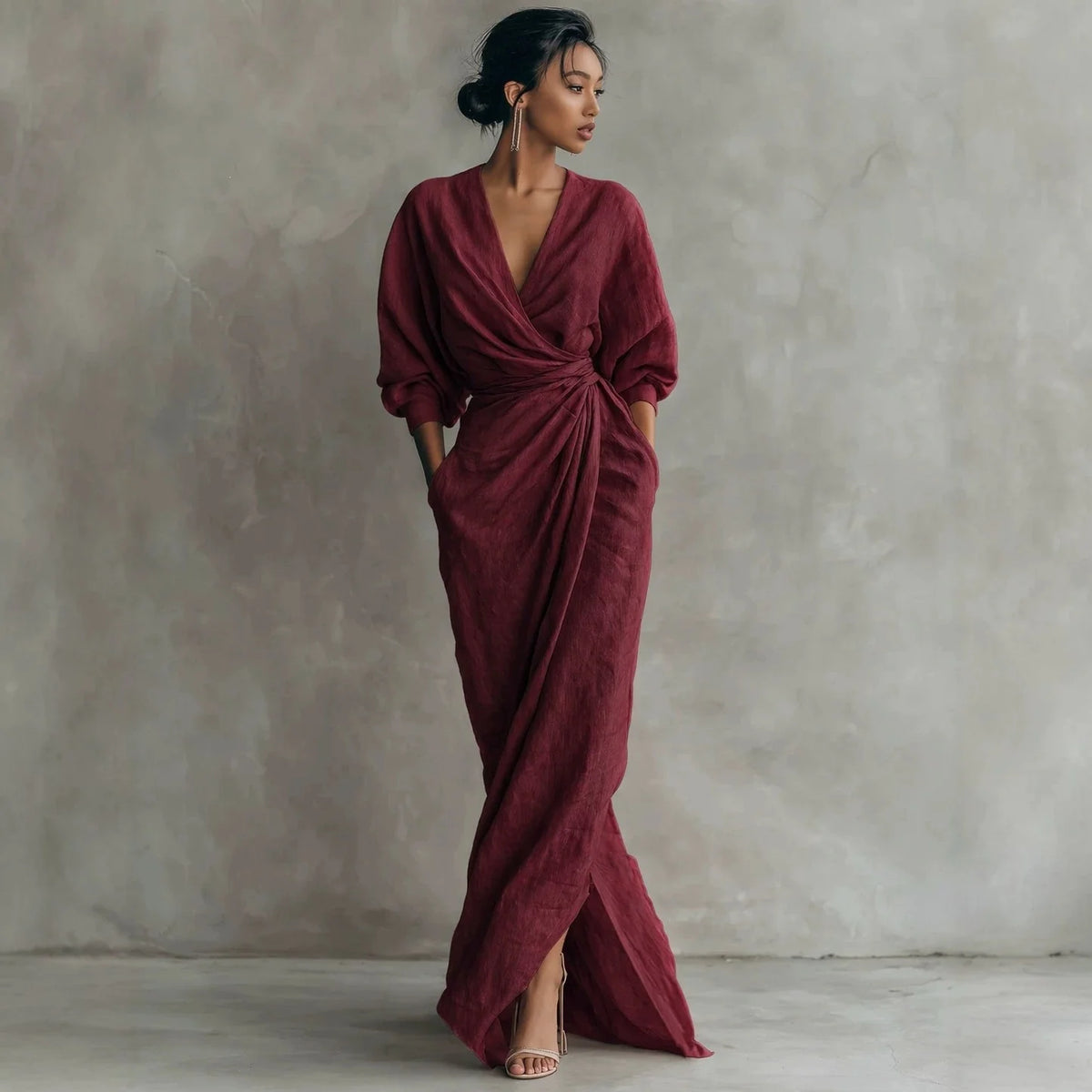 Wrap Maxi Dress Linen Blend Side Pockets Balloon Sleeves