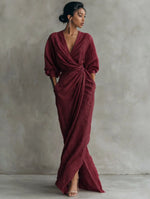Wrap Maxi Dress Linen Blend Side Pockets Balloon Sleeves