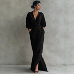 Wrap Maxi Dress Linen Blend Side Pockets Balloon Sleeves