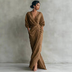 Wrap Maxi Dress Linen Blend Side Pockets Balloon Sleeves