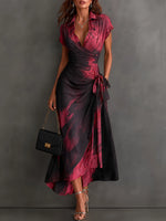 Wrap Midi Dress Abstract Print Tie Waist Ruffled Hem