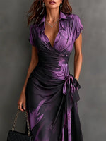 Wrap Midi Dress Abstract Print Tie Waist Ruffled Hem