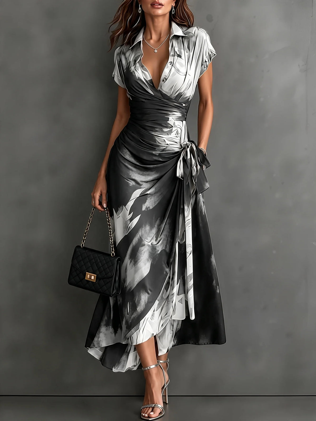 Wrap Midi Dress Abstract Print Tie Waist Ruffled Hem
