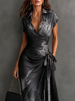 Wrap Midi Dress Abstract Print Tie Waist Ruffled Hem