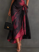 Wrap Midi Dress Abstract Print Tie Waist Ruffled Hem